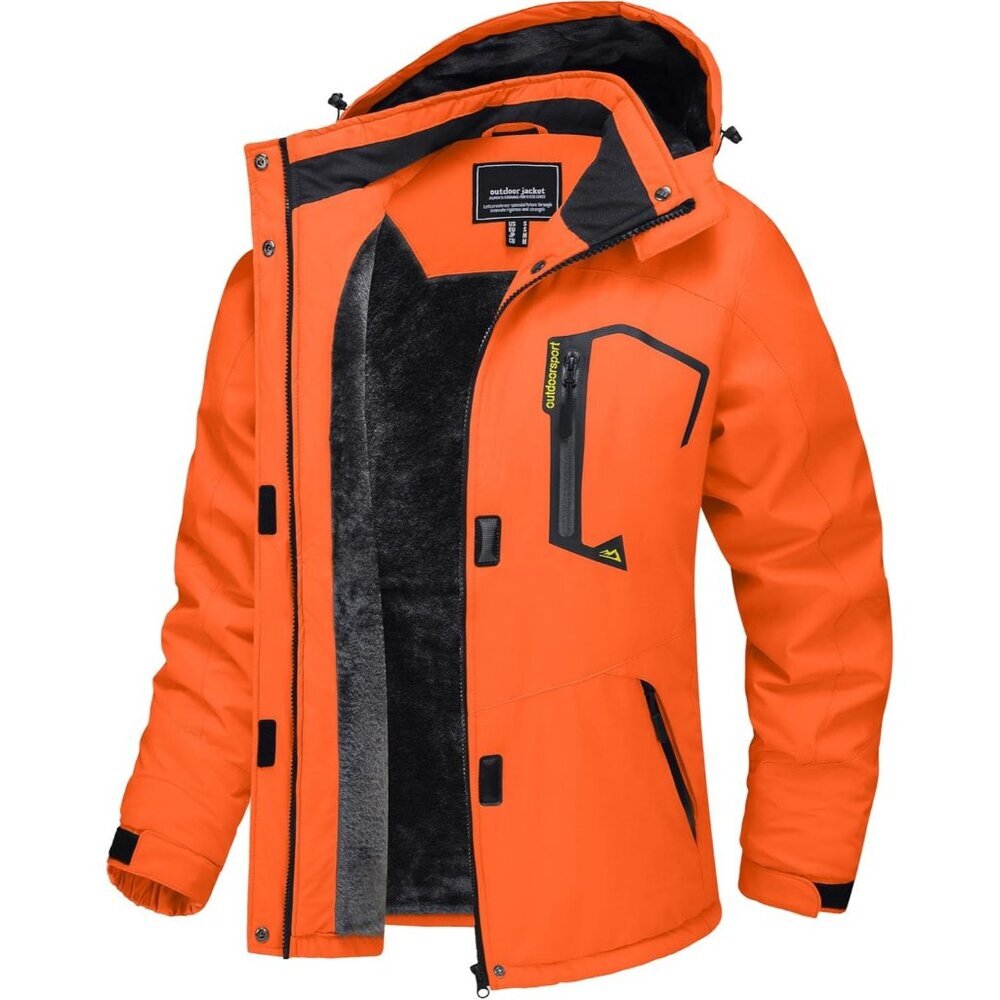 Women's Orange Windbreaker Waterproof Ski Snow Fleece Hood Jacket Coat Winter